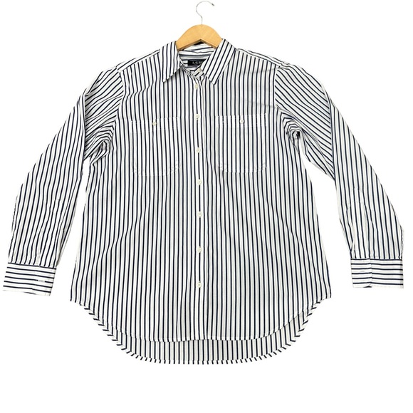 Lauren Ralph Lauren Black Label Blouse Navy & White Striped Button Down SZ Large - Picture 1 of 10